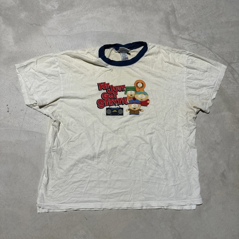 Vintage Y2K Southpark Cartman Kenny We Just got Served Ringer T-Shirt SZ M Stain